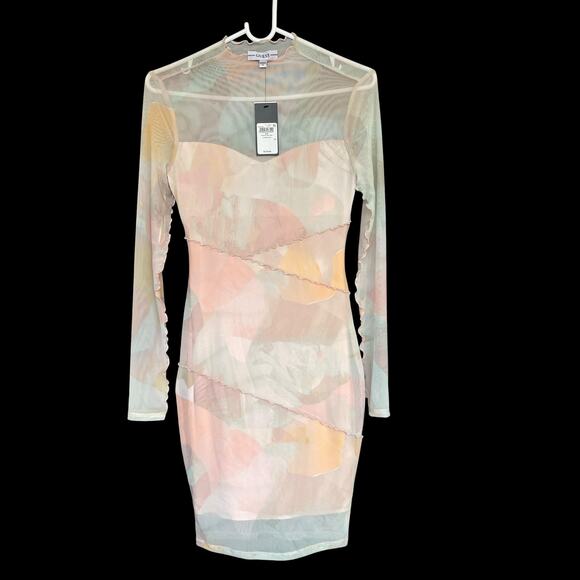 Guess Dress Womens XS Poetic Floral Print LS Jenma Long Sleeve Mesh Pastel Sheer - Picture 1 of 11